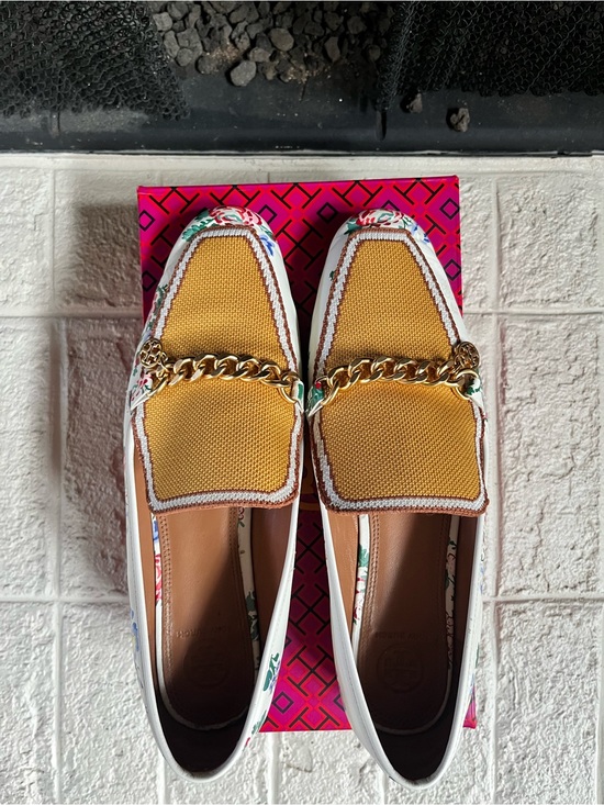 Tory Burch Shoes - Tory Burch Mustard Woven Chain Loafers with Floral Trim